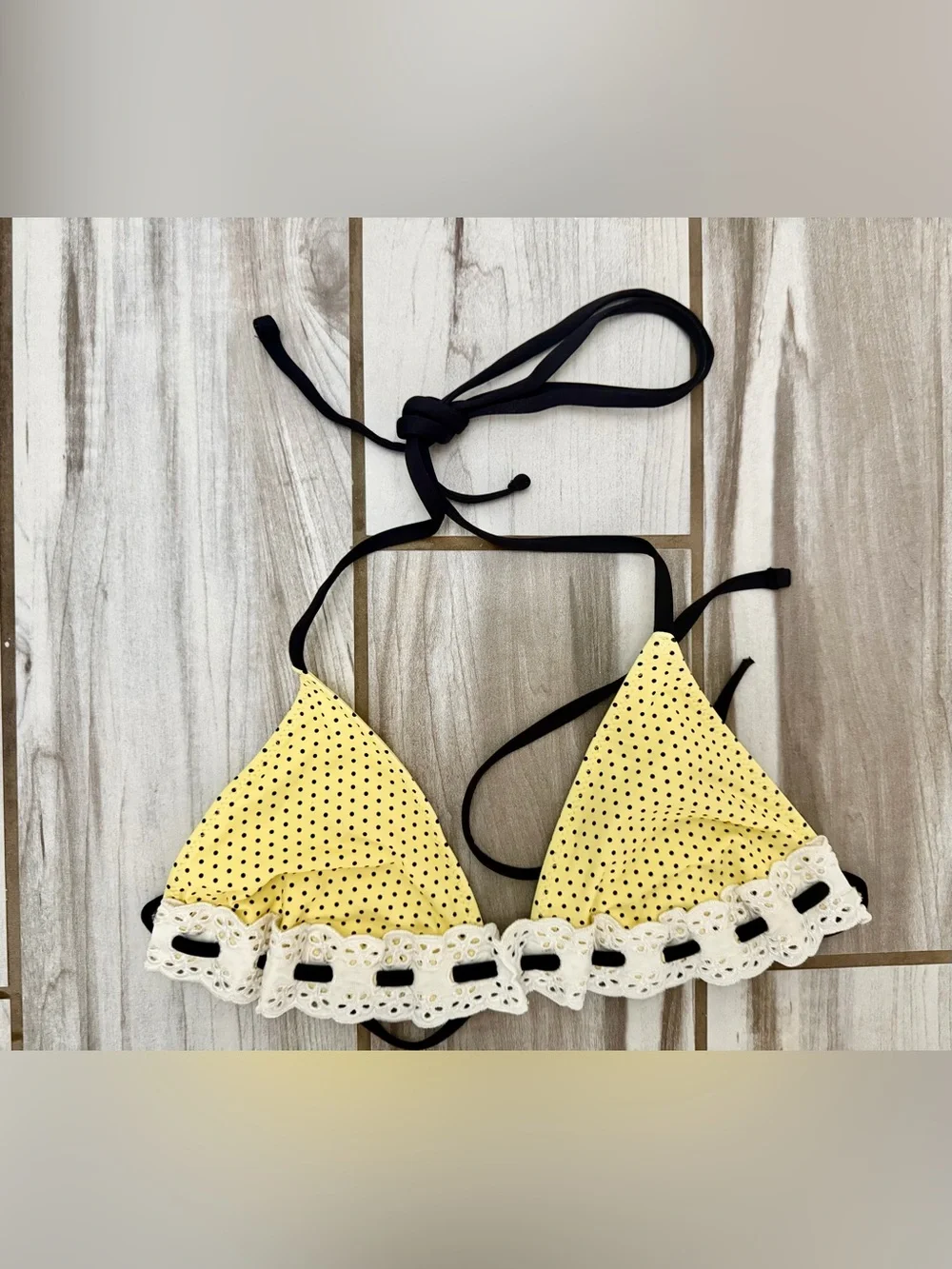 NWT-Frankie's Bikinis, Lana Bikini top, Lacy Micro Bikini bottom in Lemon Dot, L